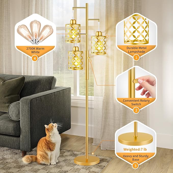 72" Modern Tree Floor Lamp, Dimmable Industrial Tall Standing Lamp with Metal Cages & Rotary Dimmer Knob, Corner Decor Lighting for Living Room Bedroom Cafe, 3 x 800LM Bulbs Included - Gold