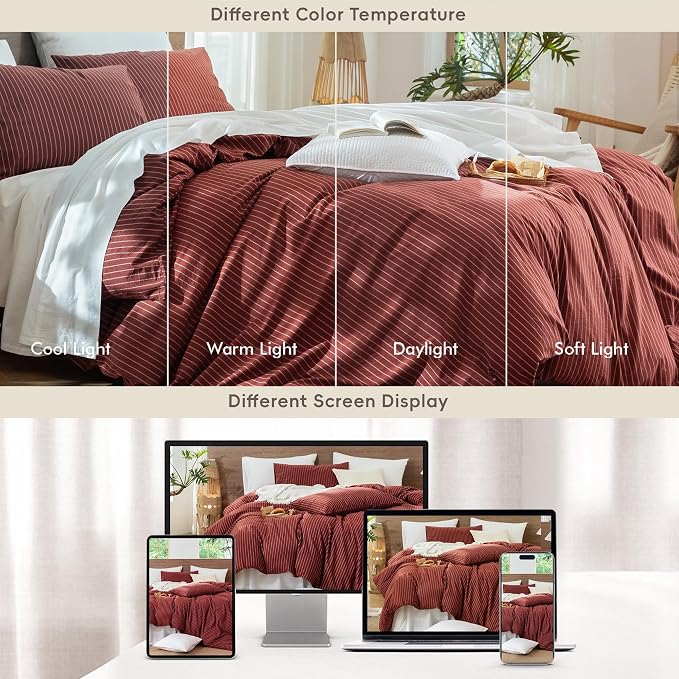 MooMee Striped Duvet Cover Set 100% Washed Cotton Linen Like King | Relaxed Linen-like Texture. Soft, Breathable & Long-lasting Comfort. Lightweight. Hidden Zipper with 8 Interior Corner Ties