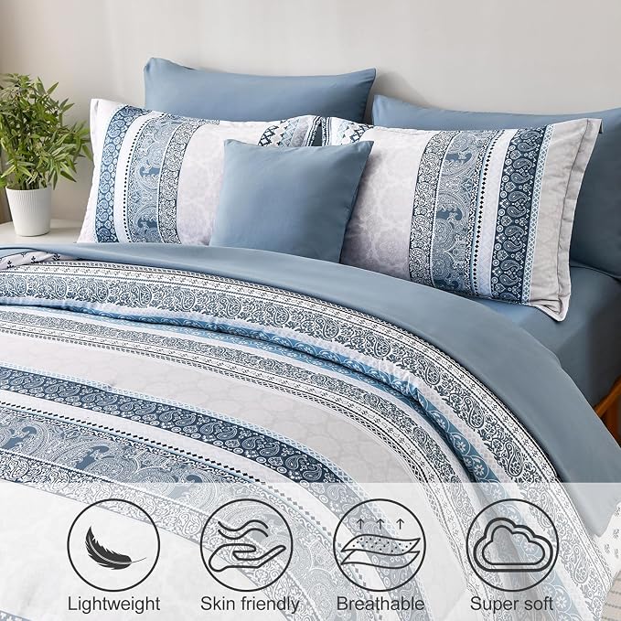 Cottolester Boho Comforter Set Queen Size Light Blue Comforter Set 8 Piece Bed in a Bag Paisley Floral Bedding Sets All Season