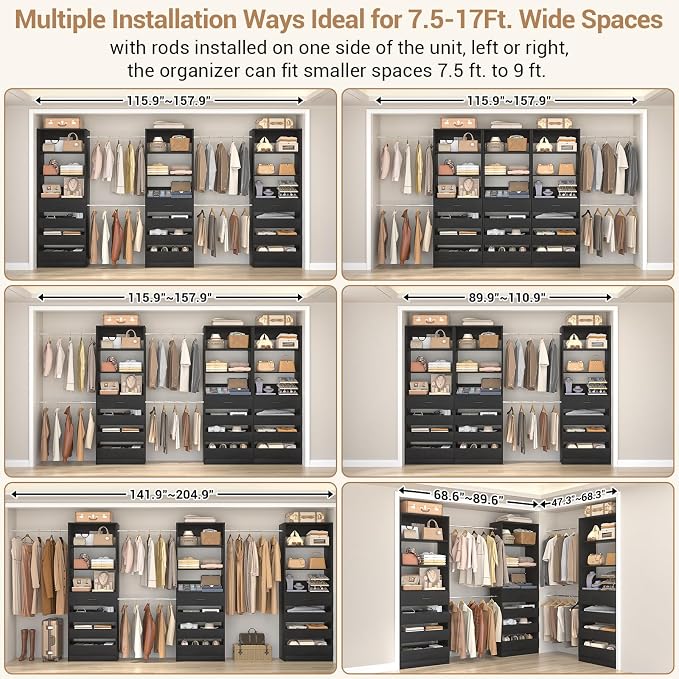 Aheaplus Closet System with 12 Drawers, 8.5-11.5Ft Wood Closet Organizer | Black Closet Storage with 4 Hanging Rods & 3 Towers, 4Ft & 6Ft L-Shaped Walk-in Closets Wardrobe Organizer, Set of 3