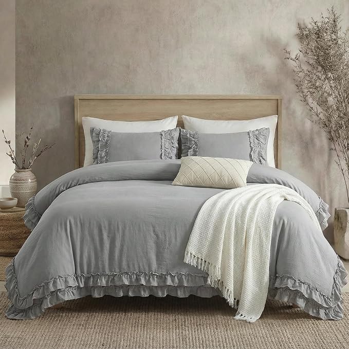 Bedorm Gray King Duvet Cover Set Ruffle Bedding Set Pleat Ruffled Shabby Chic Comforter Cover Extra Soft & Easy Care Gray Boho Duvet Cover with Zipper Closure