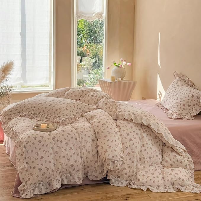 2 Layers Muslin Cotton Duvet Cover for Full Bed, Chic Ruffles Tuberose Floral Pattern Comforter Cover Twin Children Bedding Quilt Covers, No Pillow Case, Zipper Cloruse, 4 Ties