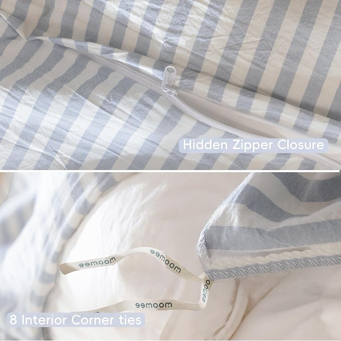 MooMee Striped Duvet Cover Set 100% Washed Cotton Linen Like Queen | Relaxed Linen-like Texture. Soft, Breathable & Long-lasting Comfort. Lightweight. Hidden Zipper with 8 Interior Corner Ties