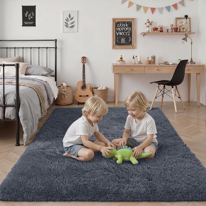 Area Rug Living Room Bedroom: 6x9 Fluffy Plush Shag Carpet Grey | For Kids Room Playroom Nursery Home Decor,Ultra Soft,Non-Slip Non-Shedding,Fuzzy Plush,Large Indoor Floor Carpet,Easy Clean