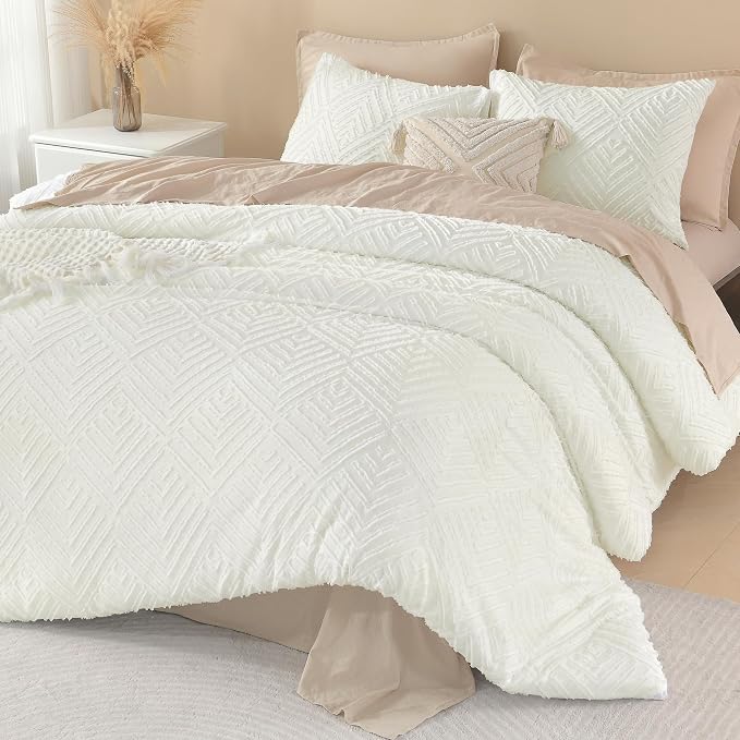 Litanika Oversized King Comforter Set, 3 Pcs Ivory Tufted Boho Bedding Set | Farmhouse Shabby Chic Vintage Bohemian Textured Aesthetic Soft Fluffy Lightweight Breathable All Season Bed Set
