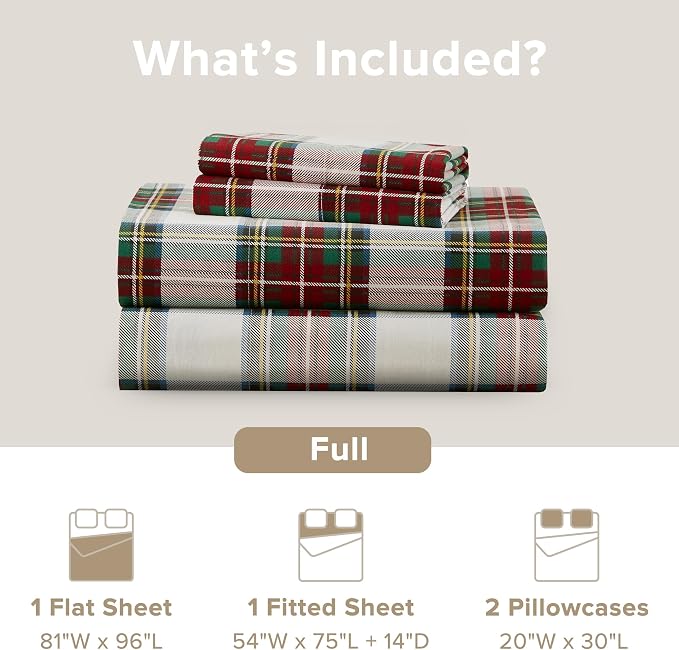 Comfort Spaces 100% Cotton Percale Sheets Full Sheet Set, 4 Piece | Crisp, Cool & Breathable Bed Sheets, 14" Deep Pocket Fits Up to 16" Mattress, Lightweight, All Season, Scottish Plaid Red