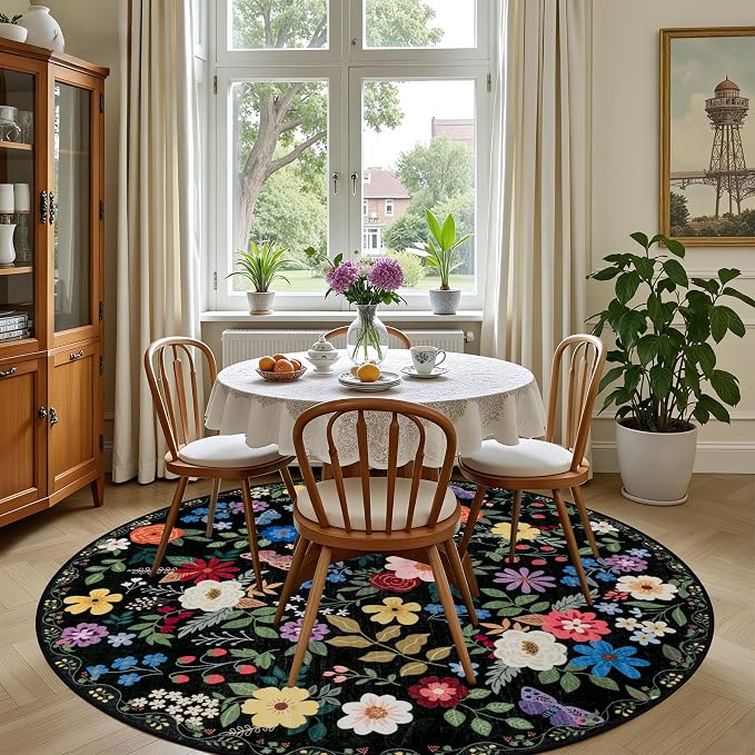 PLHXFR Round Area Rug Living Room: 6 ft Floral Washable Soft Carpet Black | For Bedroom Dining Room Farmhouse Nursery Hallway,Vintage Floral,Machine washable,Non Slip,Stain Resistant,Large Indoor