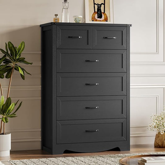 BORNOON Tall 6-Drawer Dresser for Bedroom, Modern Wooden Chest of Drawers with Metal Handles, Anti-Tipping Design, Sturdy and Stable Storage Organizer for Living Room, Entryway, Home Office