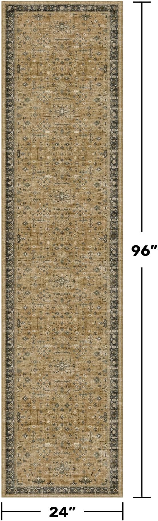 Vintage 2x8 Runner Rug for Hallway, Boho Long Runner Rug for Kitchen, Bathroom, Non-Slip Low-Pile Washable Stain Resistant, Rustic Brown and Charcoal Olive Earthy Décor