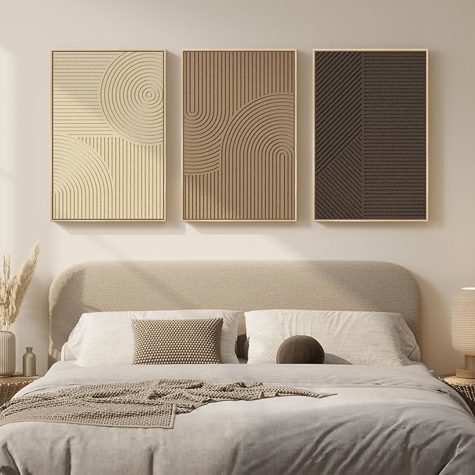 Large 3D Framed Neutral Abstract Wall Art Set of 3, Modern Artwork 20x30 In | Solid Wood Frame, Textured Paintings, Beige Brown Tan Geometric Sculptural, Pictures Wall Decor Living room Bedroom Office