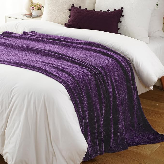 Chenille Throw Blanket for Couch Bed, Purple Knit Throw Blanket 51"x67" | Shiny Chenille Blanket, Super Soft Knitted Blankets for Sofa Home Decor