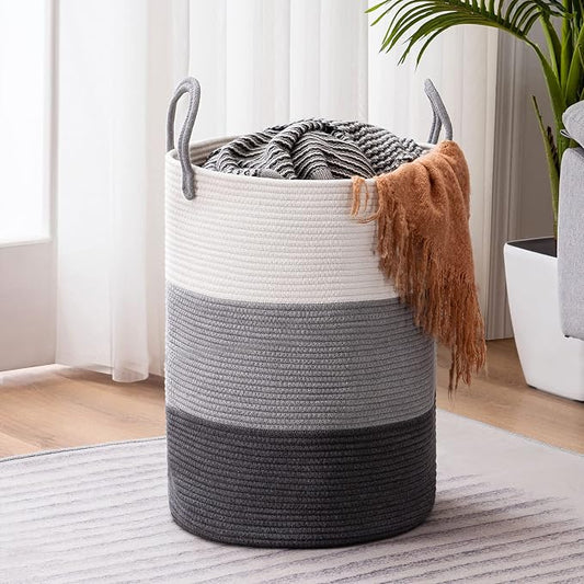 YOUDENOVA Cotton Rope Laundry Hamper Basket, 58L Blanket Basket for Nursery | Large Woven Laundry Hamper with Sturdy Handles, Collapsible Home Decor Laundry Basket for Laundry, Clothes, Toys in Bedroom