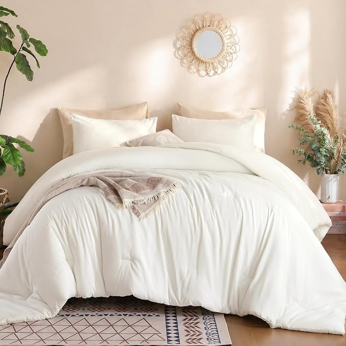 weigelia Cream Comforter Set King Size, All Season Lightweight Bedding Set | Soft Microfiber King Comforter Set, Machine Washable, Solid Color Bed Set (1 Comforter, 2 Pillowcase)