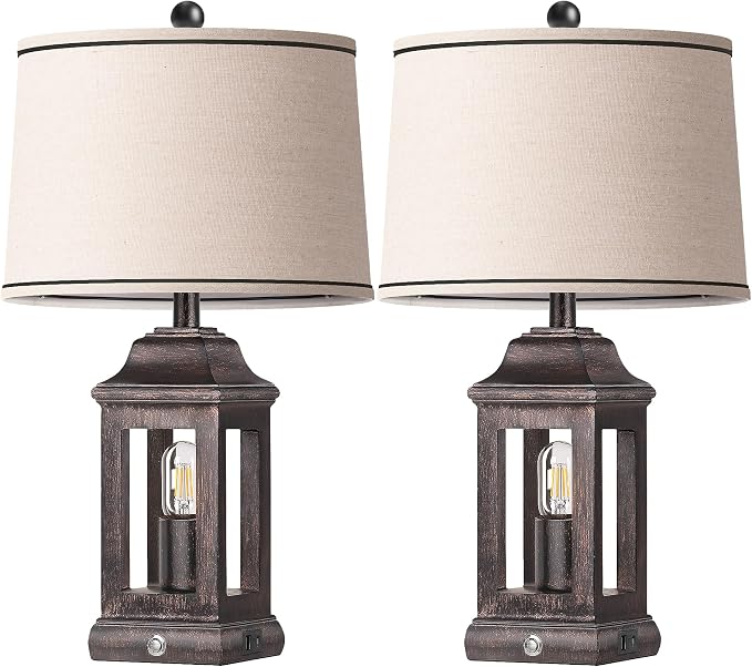 24" Rustic Farmhouse Table Lamps for Living Room Set of 2, Touch Dimmable Nightlight Vintage Bedside Lamps with USB A+C Ports & Dual Light Sources for Bedroom Nightstand End Table, Antique Black