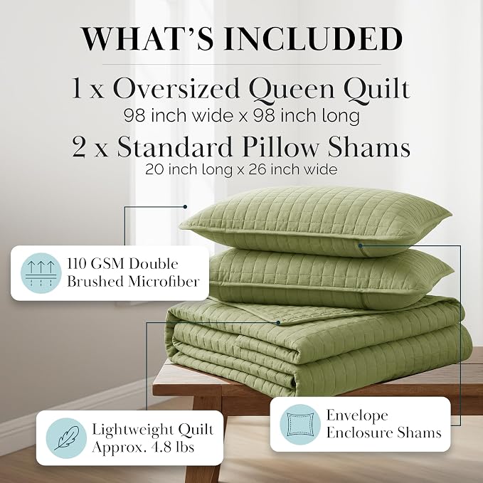 Southshore Fine Living, Inc. Bed Quilts Queen Size Set, Pet Hair Resistant Bedding, Soft Coverlet Queen Size, Full Quilt Set with 2 Pillow Shams, Lightweight Full Bedspread, Sage Green Quilt