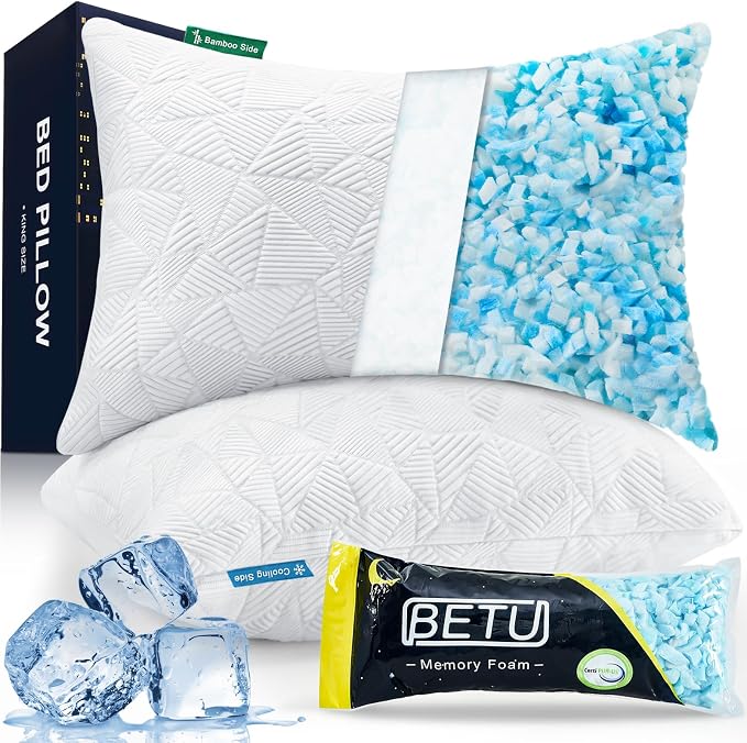 BETU Cooling Pillows Queen Size Set of 2, Shredded Memory Foam Pillows Cool for Hot Sleepers, Adjustable Firm Soft Support Bed Pillows Perfect for Back Neck Pain and Side Sleeping with Cover, White
