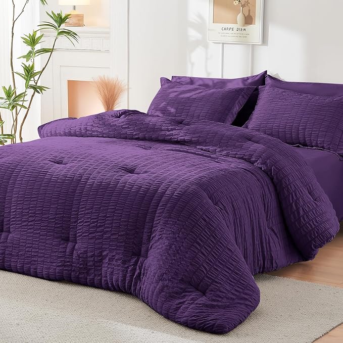 HYMOKEGE Dark Purple California King Comforter Set Seersucker 7 Pieces, All Season Luxury Bed in a Bag for Bedroom, Bedding Set with Comforter, Sheets, Pillowcases & Shams