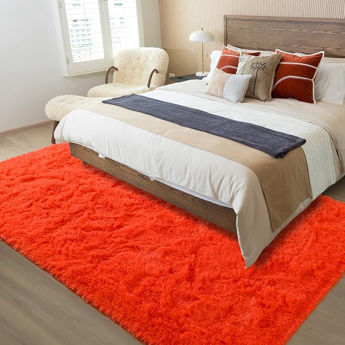 Soft Modern Indoor Shaggy Area Rug for Bedroom Livingroom Dorm Kids Room Home Decorative, Non-Slip Plush Fluffy Furry Fur Rugs Comfy Nursery Accent Floor Carpet 5x8 Feet, Orange Red