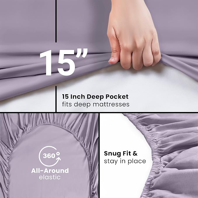Twin Fitted Sheet, Ultra Soft Fits Up to 16 Inch Deep Pocket, Lavender | Hotel Comfort, Cooling & Breathable Cotton like Polyester, Easy Fit, Wrinkle & Fade Resistant, Snug Fit, Easy Care, Oeko-Tex