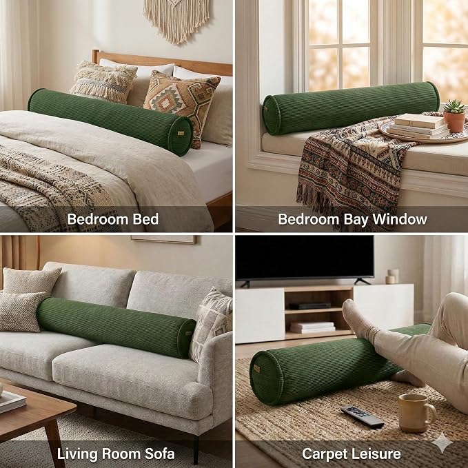 Long Pillow for Bed – Corduroy Round Bolster Pillow for Adults, Decorative Body Pillow for Sleeping or Sofa Support,59 x 7.87 Inches,Avocado Green