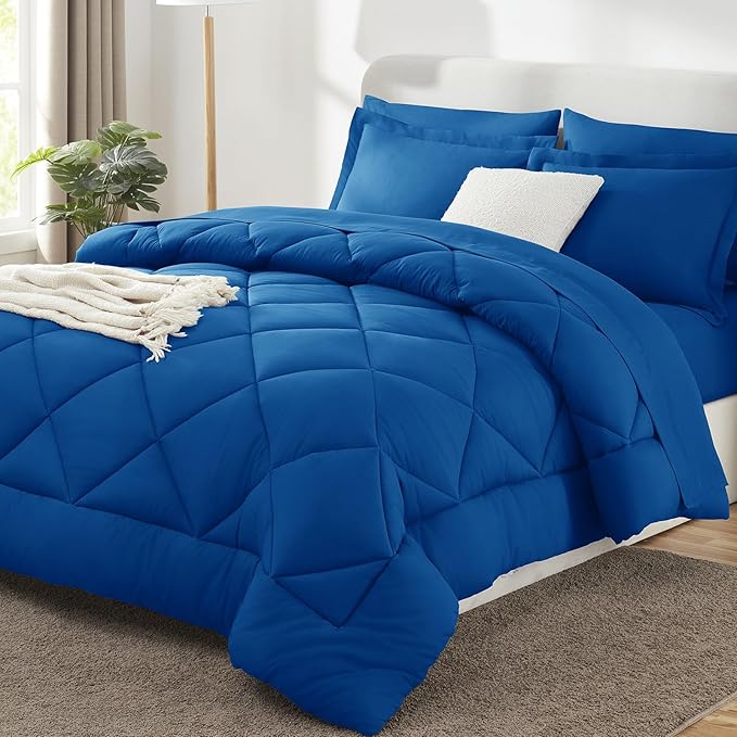 Full Size Comforter Sets Classic Blue - 7 Pieces Bed in a Bag | OEKO-TEX Certified, All Season, 240GSM Down-Alternative Comforter, Sheets, Pillowcases & Shams, 14" Deep Pocket, Easy Care