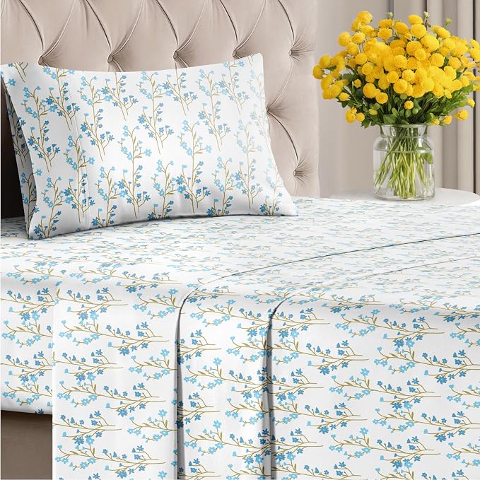 Twin 3 Piece Floral Sheet Set - Soft, Breathable & Cooling - Sea Spring | 1 Flat, 1 Fitted & 1 Pillowcase w/ Deep Pockets, Boho Botanical Floral Bedding, Breathable & Cooling, Wrinkle & Fade Free