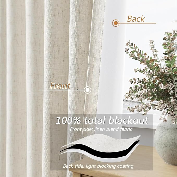 Extra Wide 100% Blackout Linen Curtains for Bedroom 96 Inch Long Ceiling to Floor 8 FT Natural Cream Black Out Curtain Back Tab Room Darkening Window Drapes 1 Panel Beige Ivory 100x96