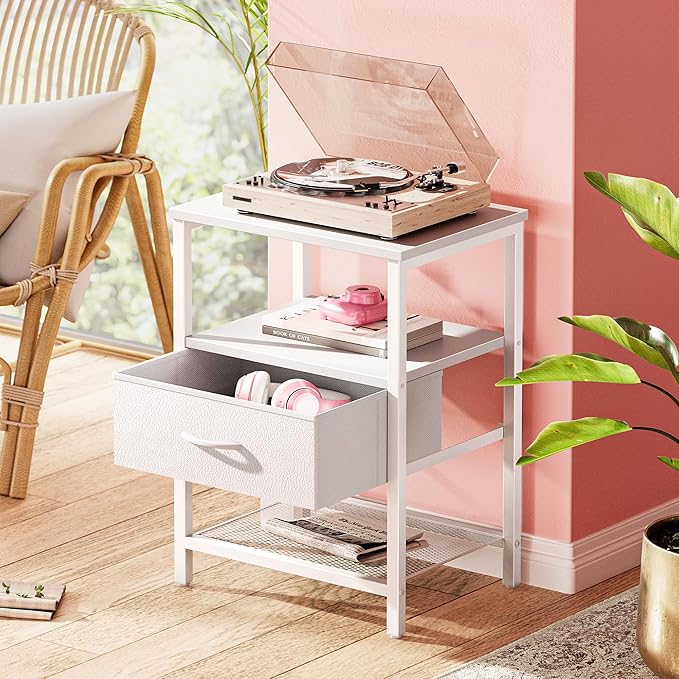 Huuger Nightstand Set of 2, Night Stand with Fabric Drawer, Mesh Shelf | Side Table with Storage, Fabric Drawer Dresser, Open Shelf, Metal Frame, Bedroom, White