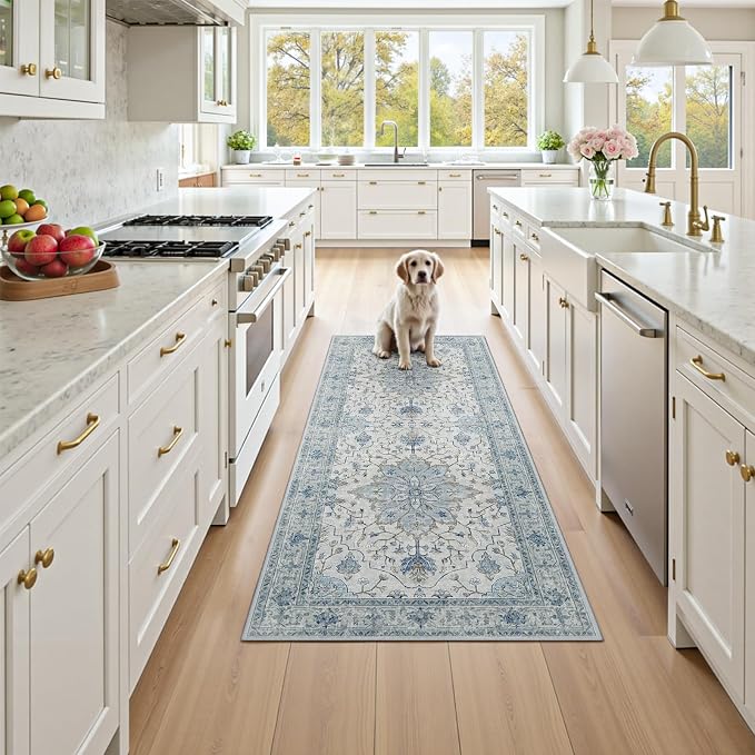 RELEANY Washable Area Rug, Small 2'x4', Blue/White/Gray | Non-Slip, Water Repellent, Pet Friendly, Easy to Clean, Vintage Floral Boho Decor for Kitchen Entryway Bathroom