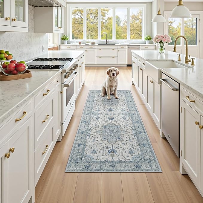 RELEANY Washable Area Rug, Runner 2'x5', Blue/White/Gray | Non-Slip, Water Repellent, Pet Friendly, Easy to Clean, Vintage Floral Boho Decor for Kitchen Entry Bedroom Bedside Laundry