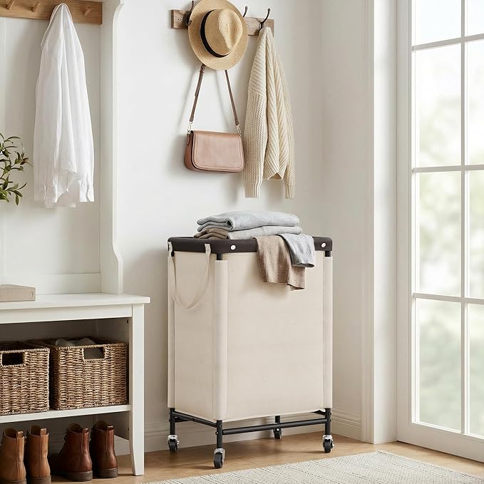 StorageWorks Laundry Hamper with Wheels and Removable Liner Bag, Beige, 90L | Laundry Hamper with Wheels & Removable Liner, Beige Rolling Cart for Bedroom, Bathroom, Apartment