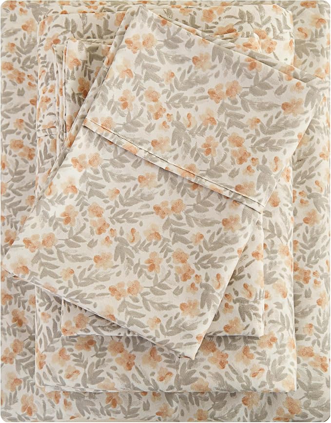 Viviland Floral Full Sheet Set - 4 Piece Vintage Light Orange Flower Patterned Bed Sheets - Soft, Breathable Microfiber Sheets with Deep Pocket, Non-Slip Fitted Sheets & Pillowcases