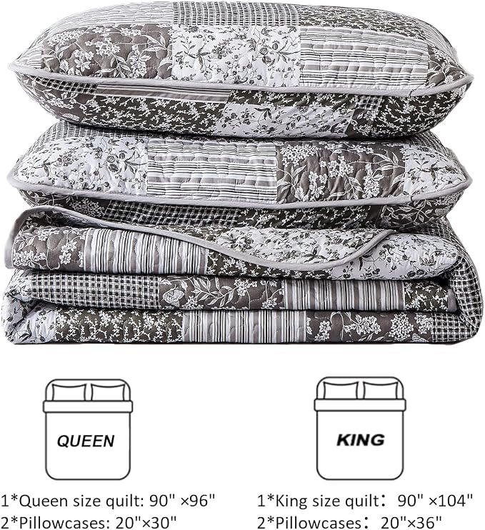 Mybedsoul Boho Quilts Queen Size, Floral Patchwork Bedding Set, Grey | Soft Lightweight Microfiber Coverlet Set, 3 Pieces Plaid Reversible Bedspread, Bed Sets for All Seasons 90"x96"