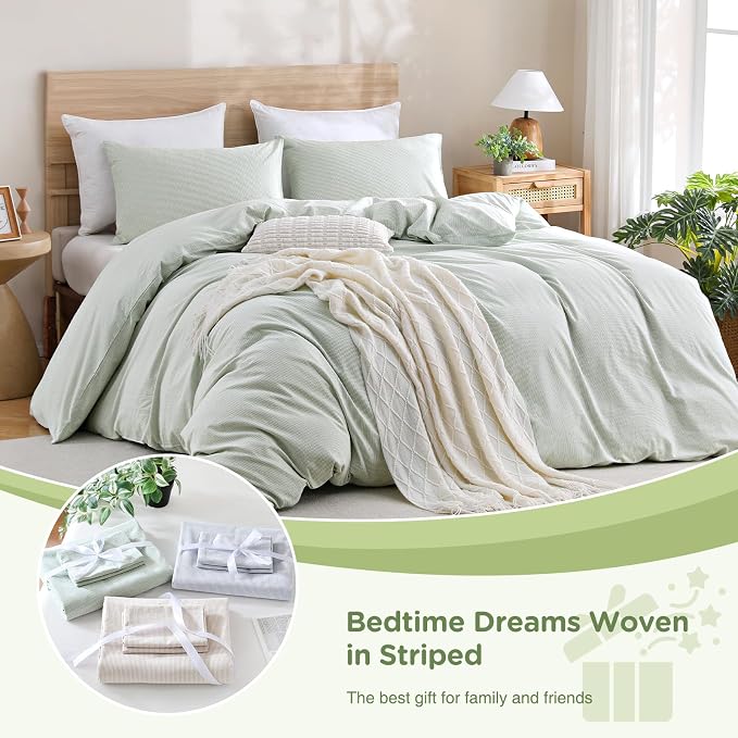 TOCOMOA Sage Green Striped Duvet Cover Set Washed Cotton Like Linen, King | 100% Washed Cotton Linen-Like Feel Soft, Breathable & Comfy. Pinstriped Bedding Set with Zipper & 8 Ties. 3 Pcs, No Insert
