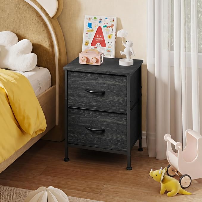 WLIVE Night Stand, Small Dresser with 2 Drawers & Wooden Top, Nightstand with Fabric Bins, Bedside Table End Table for Bedroom, Closet, Entryway, College Dorm, Charcoal Black | Nightstand with Fabric Bins, Bedside Table End Table for Bedroom, Kids Room