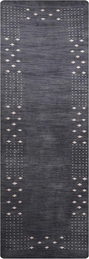 HAND KNOTTED LOOM WOOL ECO-FRIENDLY AREA RUGS - 2'6''x6', Runner Shape, Charcoal Color, Contemporary Modern, High Pile Thick Handmade Anti Skid Area Rugs for Living Room, Bed Room (L00530)
