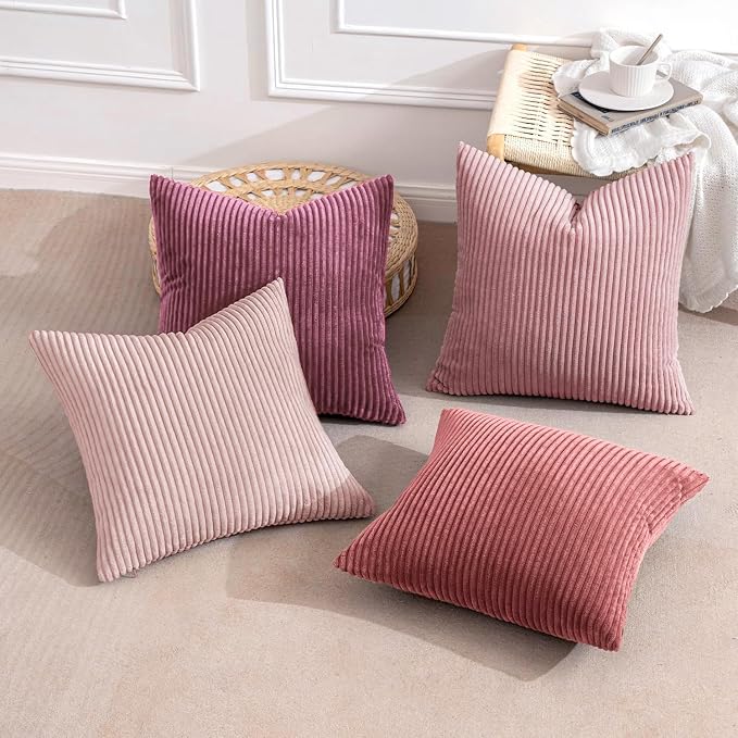 MIULEE Soft Corduroy Decorative Throw Pillow Covers Purple Pink 20x20 | Set of 4, Shabby Chic Romantic Decor, Pink Gradient Matching, Boho Farmhouse Cushion Covers for Couch Bed Sofa Living Room
