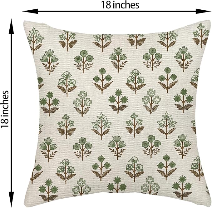 Sage Green Brown Pillow Covers 18x18 Inch 2 Pcs Block Print Vintage Floral Decor Throw Pillows Boho Flower Spring Summer Outdoor Seasonal Decoration Pillowcase Linen Cushion Cover for Couch
