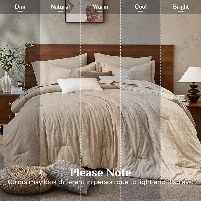 JOLLYVOGUE Khaki Queen Comforter Set, Cationic Dyeing Bed in a Bag Queen 7 Pieces, Double-Tone Bedding Set with Down Alternative Comforter, Sheets, Pillowcases & Shams