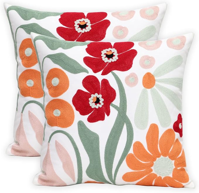 Pack of 2 Embroidered Decorative Throw Pillow Cover 18x18 Inch Farmhouse Floral Pillowcase for Living Room Sofa Bed (Romantic Flower)