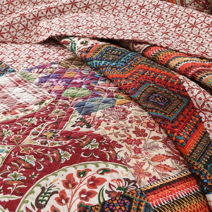 VISIMISI Cotton Bedspread Quilt Sets Reversible Bedding Coverlet Sets 3 Pieces Gorgeous Vintage Damask Red Patchwork Bedspread, King Size
