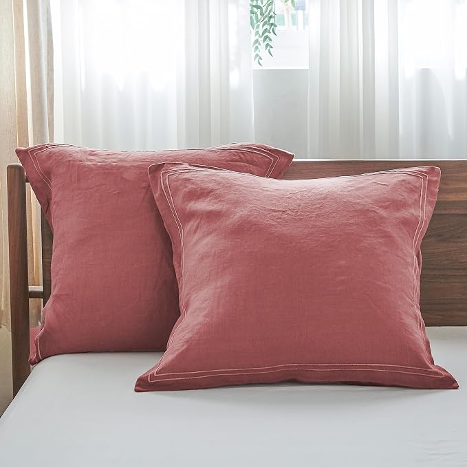 Simple&Opulence 100% French Linen Euro Shams with Embroidery (26'' x 26'') - Pack of 2 - Pre Washed Solid Color Natural Flax Soft Breathable - Coral Red
