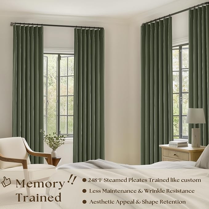 Olive Green Pleated Linen Blackout 102 Inch Curtains for Bedroom 2 Panels | 100% Black Out Thermal Insulated, Pinch Pleat with Rings Hooks, Room Darkening Drapes with Liner, for Living Room W40xL102