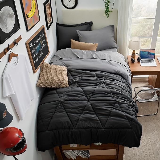 BEDELITE Twin XL Comforter Set 5 Pieces, Reversible Black Bed in A Bag | Soft All Season Down-Alternative Comforter, Sheets, Pillowcases & Shams, OEKO-TEX Certified Bedding for Drom Room, College