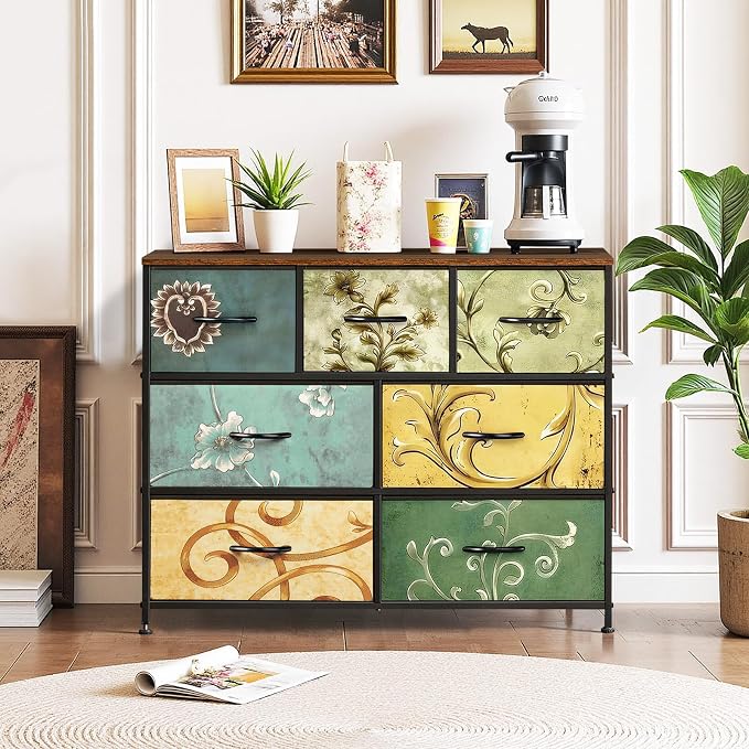 7-Drawer Dresser for Bedroom, Anti-Tip Wide Storage Organizer Fabric | Chest of Drawers TV Stand for 45" TV with Wooden Top Metal Frame for Closet, Living Room, Hallway, Entryway, Floral Painted