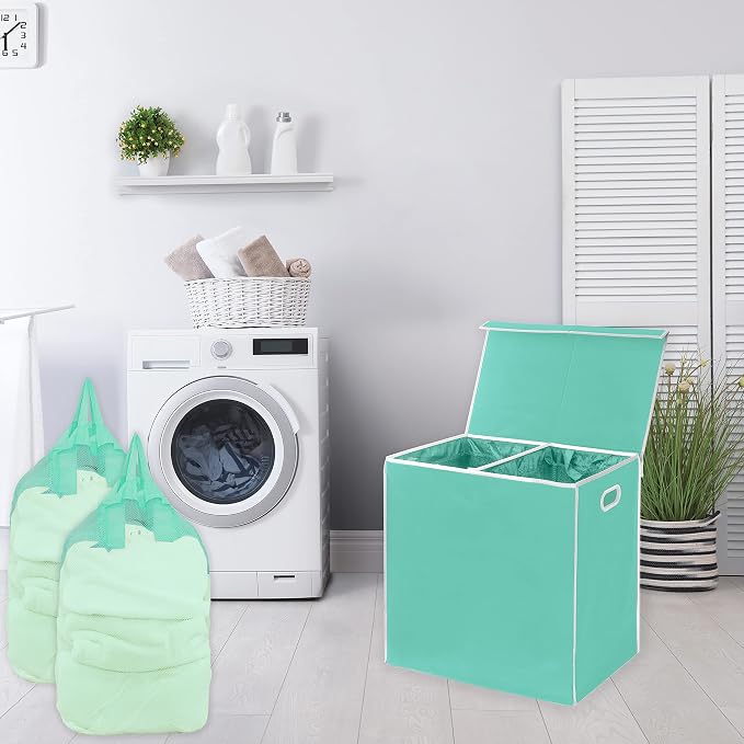 Simple Houseware Double Laundry Hamper with Lid & Removable Bags, Turquoise | with Handles for Bedroom, Laundry Room, Bathroom
