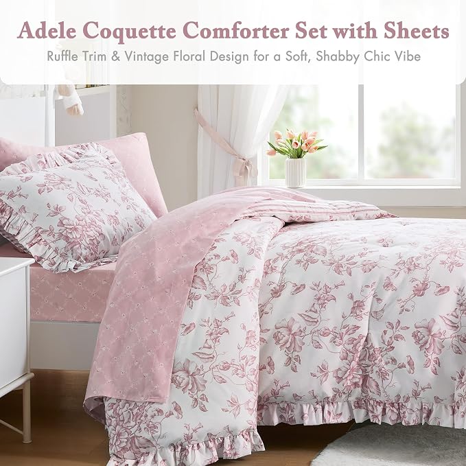 Madison Park Essentials Pink Floral Comforter Set with Sheets Twin XL,5pc | Reversible, Elegant College Dorm Bedding, Ruffle Bed in a Bag, All Season, Machine Washable, Wrinkle Resistant, Ultra Soft