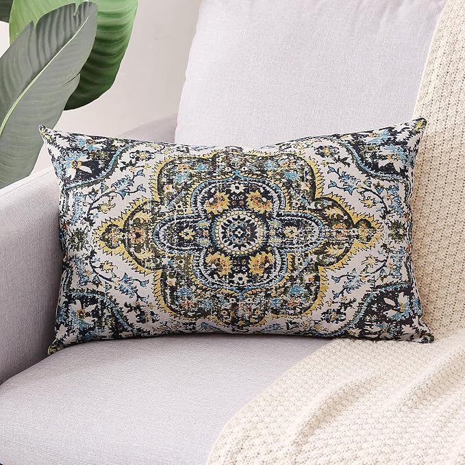 Outdoor Waterproof Pillow Covers 12X20 Set of 2 Bohemian Vintage Carpet Pattern Pillow Covers Green Blue Ethnic Design Decorative Farmhouse Cushion Case for Couch Garden