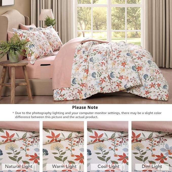 Queen Comforter Set - 7 Pieces Soft Floral Bed in a Bag Queen Bedding Sets | Clay Pink Botanical Flowers Comforter Set with Sheets, Pillowcases & Shams for All Seasons