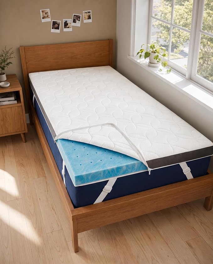 Memory Foam Mattress Topper & Cooling Cover - Dorm Room Essentials - 3 Inch | Plush, Thick & Comfy, Pain & Pressure Relief, Twin XL Size Mattress Pad w/ Straps & Removable Washable Cover, Oeko-Tex